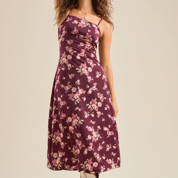 Altar’d State Wryn Satin Midi Dress | Side Cutouts Floral | S - Picture 3 of 12